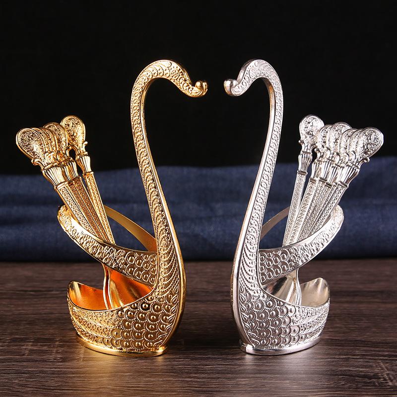 Light luxury fruit fork dessert fruit stick pure copper swan base creative high-end tableware dim sum coffee spoon set