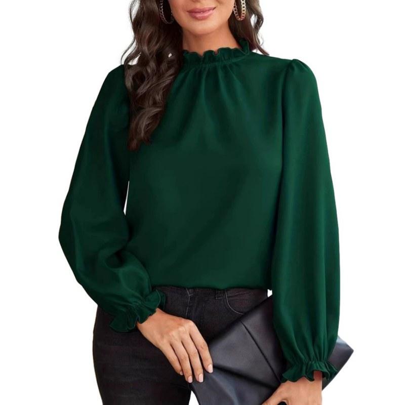 Women's Lace-Trimmed High-Neck Long-Sleeve Top Blouse