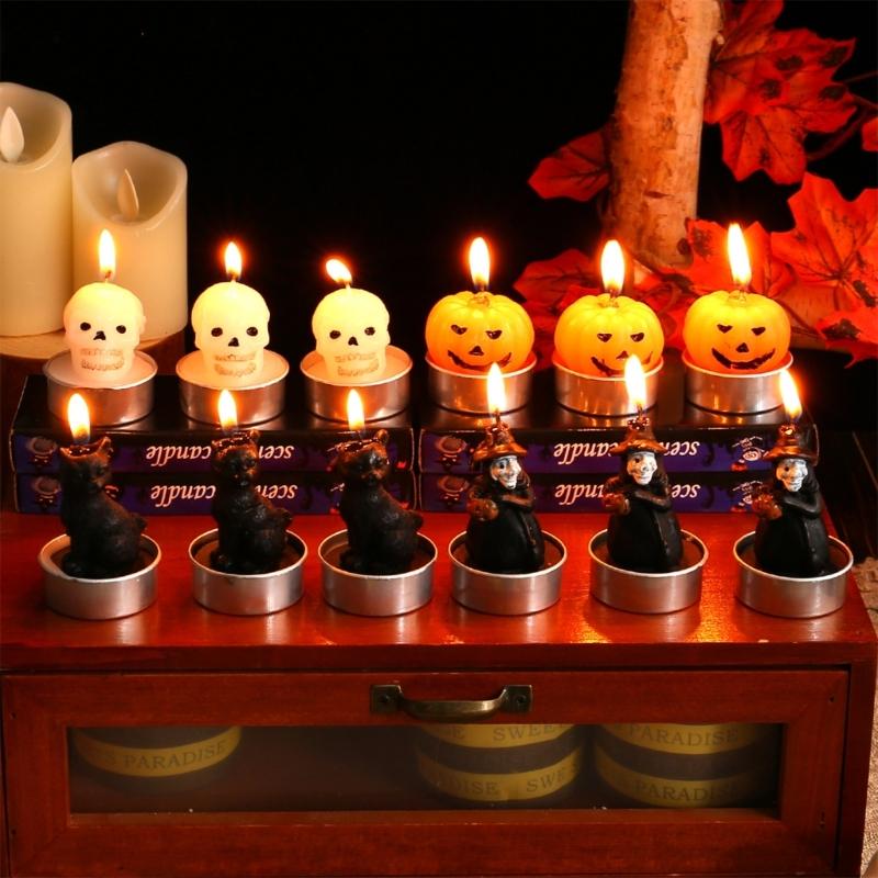 Set of 3 Halloween Themed Candle Ornaments Funny Black Cats Skull Pumpkin Witches Shape Candle for Home and Party Decors