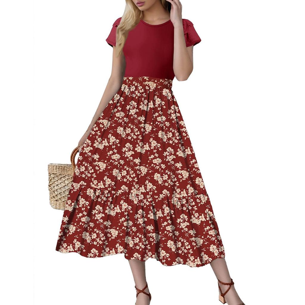 Women's Floral Print High Waist Fashionable And Elegant Dress