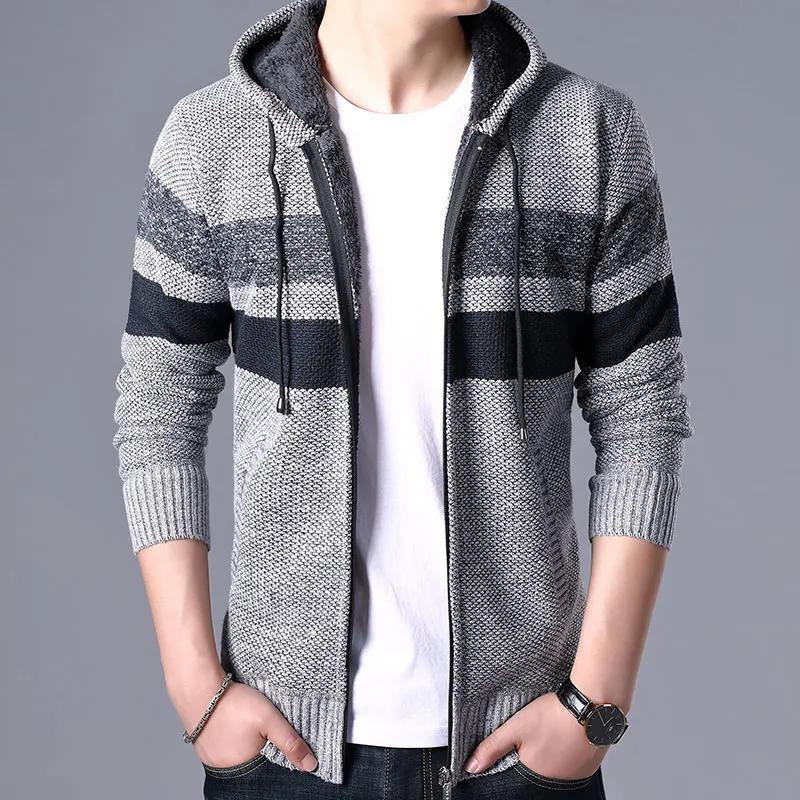 2025 Autumn Winter Men Casual Striped Sweatcoat Men Thick Fleece Warm Sweater Male Casual Stand Collar Zipper Cardigan
