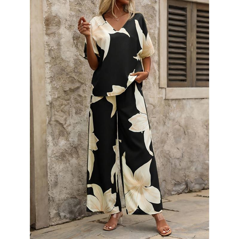 JKASHDK Women's Fashion Casual Summer Spring Flower Pattern Print Short Sleeve V-Neck Trousers Pants Suits