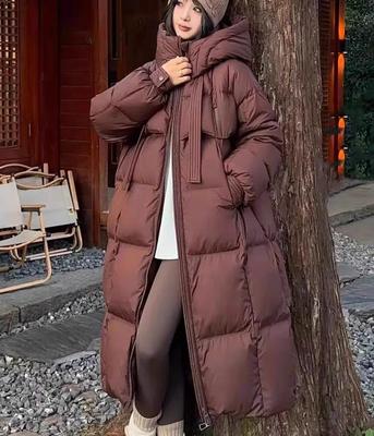 Giacca lunga in piuma d'anatra bianca da donna con cappuccio e cerniere spesse, calda, cappotto casual largo da donna, soprabito invernale