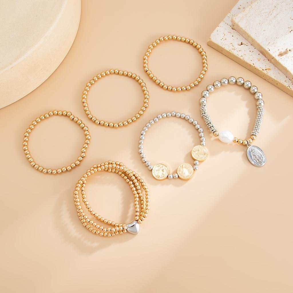 Ingemark 6Pcs/Set Retro Imitation Pearls Heart Pendant Bracelets for Women Creative Mixed Color CCB Beads Chain New Year Jewelry