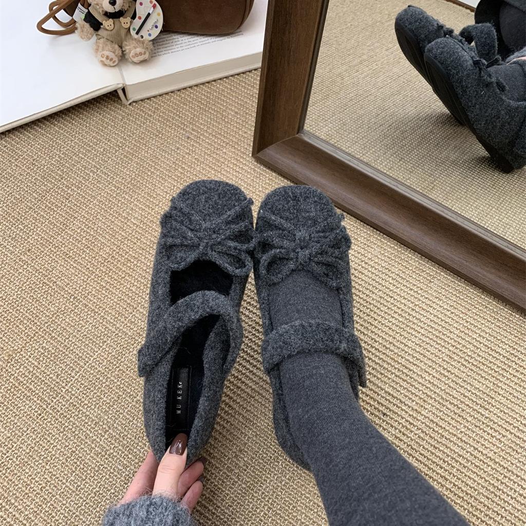 4CM Inner Height Increase~ Mary Jane Fluffy Shoes for Women In Winter, New Gray Woolen Single Shoes for Women's Thick-soled Velvet Cotton Shoes