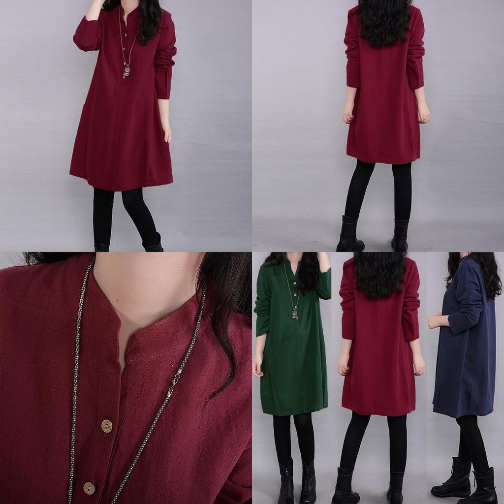 Timeless Vintage Women Long Sleeve Pullover V Neck Tunic Dress For Casual Elegance