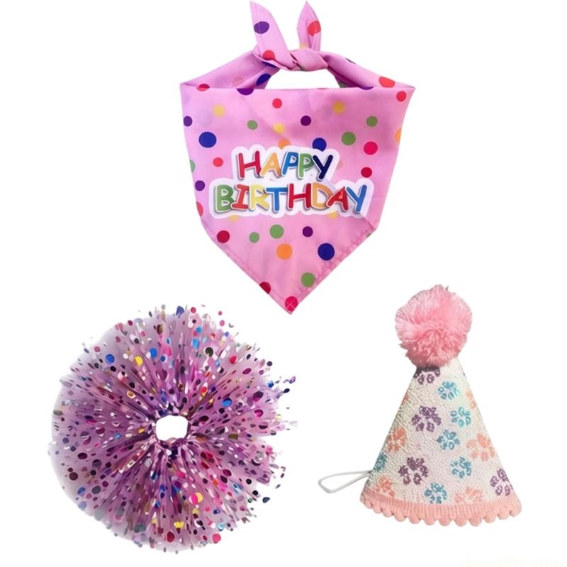 QX2E Lovely Birthday Dog Dress Set Including Party Hat Dog Gift Celebrating Pet Products Supply For Celebration And Photos