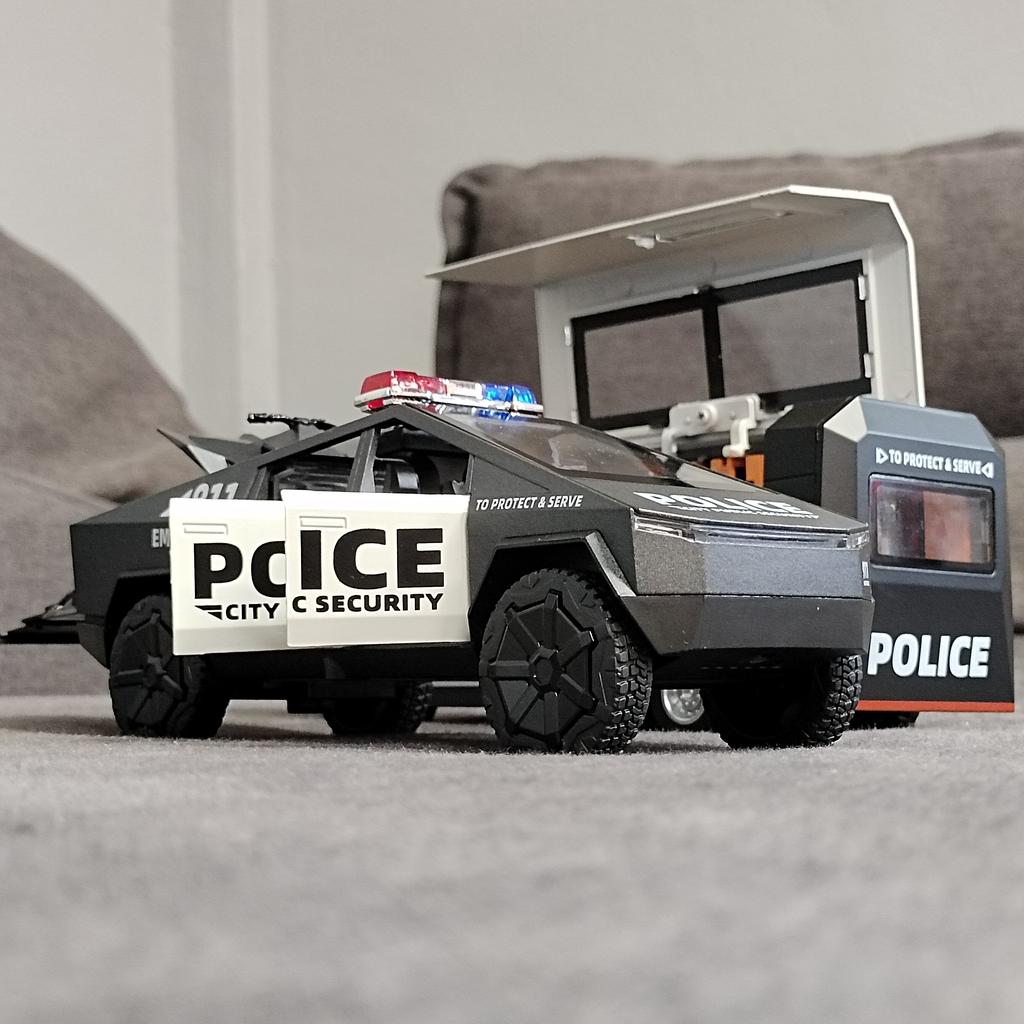 1/32 Tesla Police Cybertruck Trailer Off Road Pickup Truck Diecast Model Car Alloy Children's Toy RV Sound & Light Music Birthday Gift
