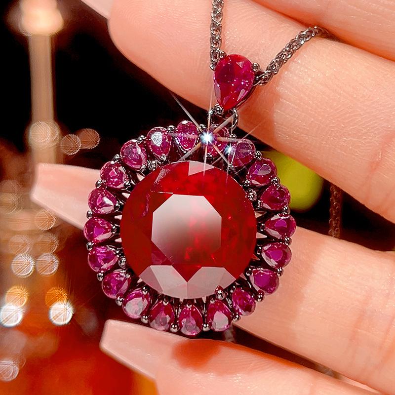 Autumn and Winter New Huabi Jewelry Copper Bottom Gold-plated Simulation Red Corundum Advanced Black Gold Set Main Stone 16-10m