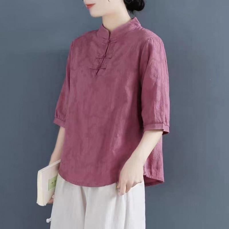 Cotton and Linen Loose T-shirt Retro Mid-sleeved Shirt Women's Chinese Style Tea Service Loose Pullover