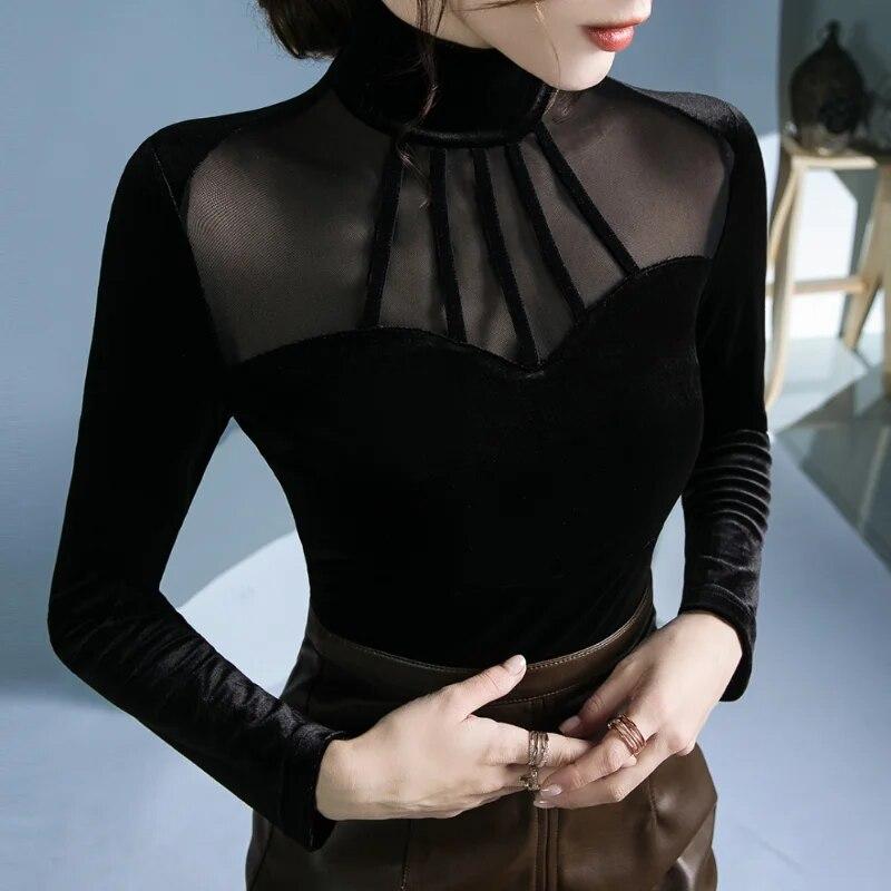 Sammetsnät Patchwork Svart T-shirt Långärmad bottentröja för kvinnor Ny höst Vinter Polokragetröjor Topp S-6XL