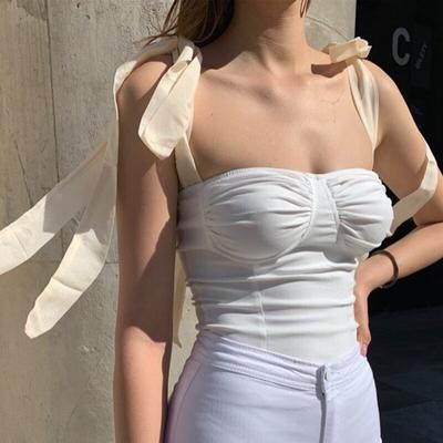 2023 Summer Woman Bow Lace-up Sexy Tops Sweet Off Shoulder Shirts And Blouses Fashion Sleeveless Elegant Stylish Blusas 26685