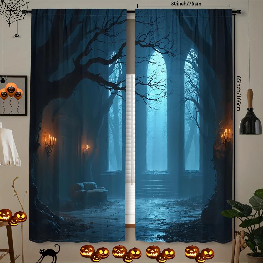 

2 шт. - Занавески с принтом Темный лес и замок на Хэллоуин , кулиска, домашние украшения, украшения для комнаты 29Wx64L(75x166CM)x2