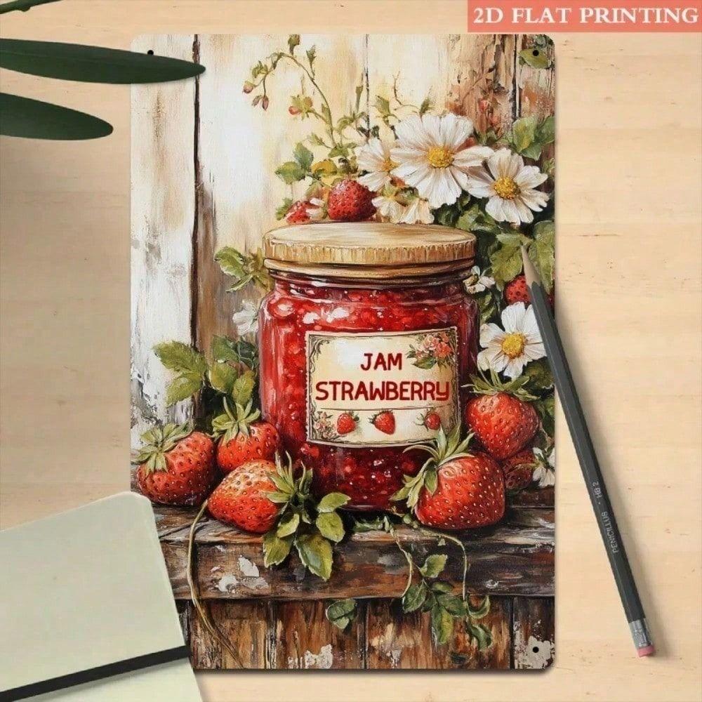 Vintage Strawberry Jam Metal Poster, Rustic Farmhouse Wall Decor for Cafe Kitchen, 8x12 Inch