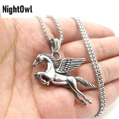 Cool Mens Unisex Flying Horse Pegasus Pendant Necklace Amulet Stainless Steel