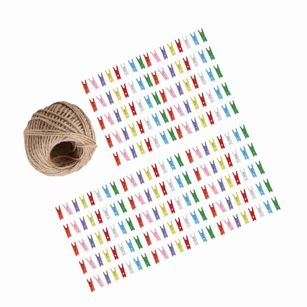 200pcs Natural Wooden Mini Clothespins Clip Peg with 1 Roll 50 Meter Jute Twine Crafts Decor