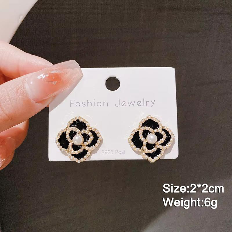 Black Dangle Earrings Crystal Square Pendants Women's Hanging Earrings Korean Bowknot Pearl Flower Earrings