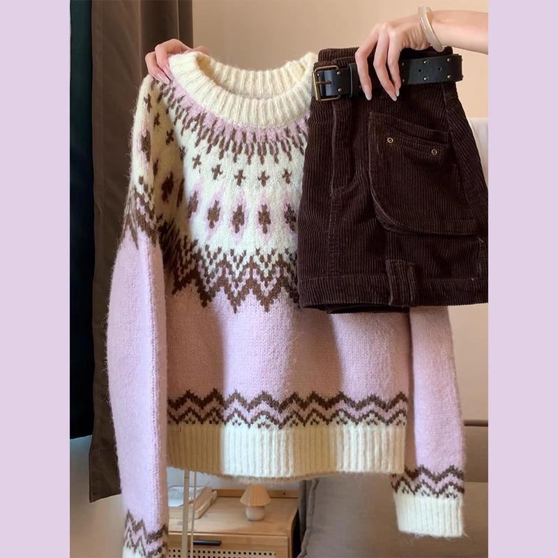 

Alpaca wool, pink crew neck sweater, knitted sweater, short slim-fit sweater, women s autumn and winter warmth one size fits all рожевий