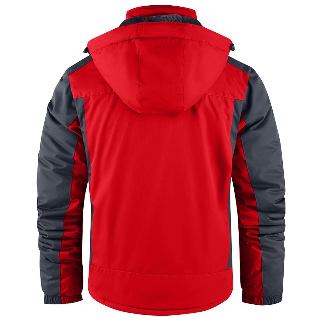 Unisex Colorblock Zipper Pocket Hooded Jacket Men's Casual Plush Jacket