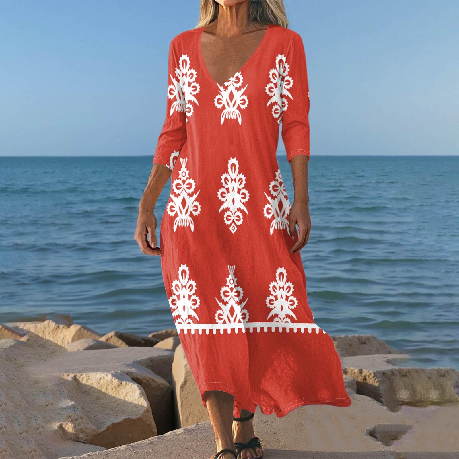 

Платья для женщин Винтажный принт Туника с завышенной талией Миди платье Летнее Повседневное платье с рукавом 3/4 L красный