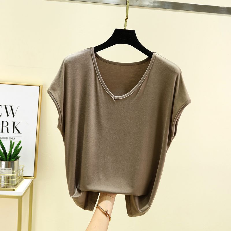 

Modal V-neck Sleeveless T-shirt Women Summer Thin Solid Base Shirt Plus size Loose Casual All-matching Loose Top Dark Khaki 2XL (recommended 70.00 kg-80.00 kg