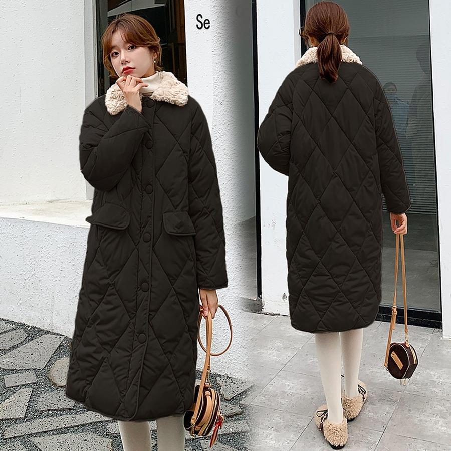 Plus Size Fashion Puffer Cotton Jacket with Quilted Diamond Pattern Wool Collar