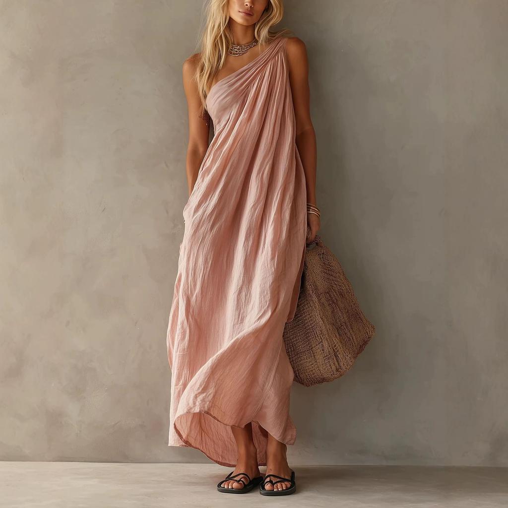 Women One Shoulder Draped Maxi Dress Casual Asymmetric Hem Beach Vacation Dress