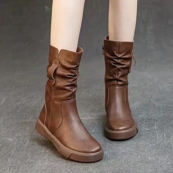 

Women s Mid-Calf Black Martin Boots 2025 - Autumn/Winter Slim-Fit Mid-Heel Plus Velvet High-Top Knight Style 36 темно-коричневого кольору