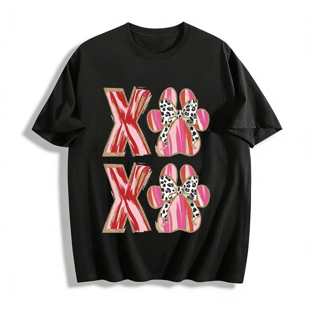 Pink Striped Letter X Leopard Bow Paw Print Kids Top Pure cotton T-shirt XXS