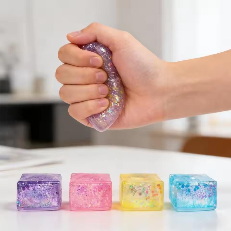 Slow Rebound Squeeze Toy Set, Colorful Aurora Ice Cube & Tofu Shapes, TPR Sensory Stress Relief Blocks for Office and Classroom
