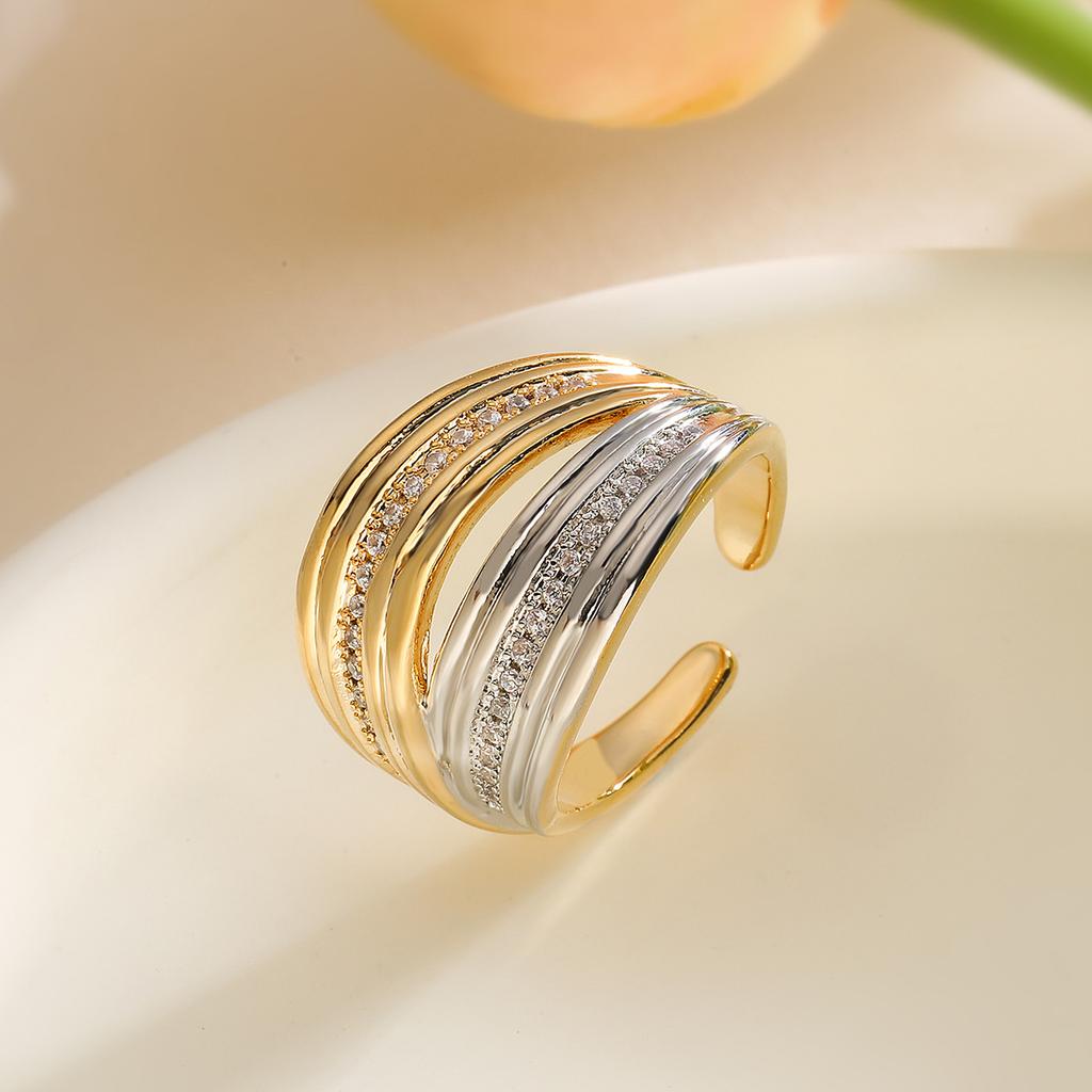 Two-Tone Geometric Open Cubic Zirconia Ring for Women, Adjustable Ins Fashion Jewelry, Minimalist Luxury Gift