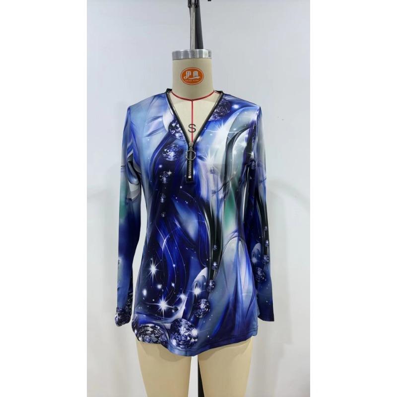 Elegant and Casual Spring and Autumn V-neck Zipper Floral Printed Long-sleeved Women's T-shirts