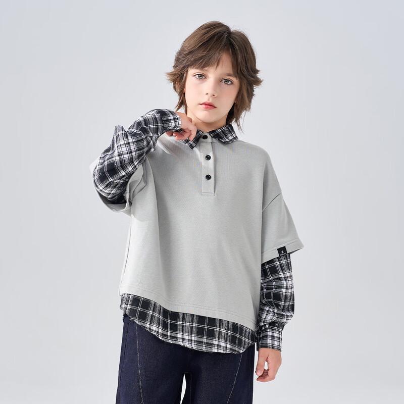 Kids  Plaid Patchwork Polo Sweatshirt 170