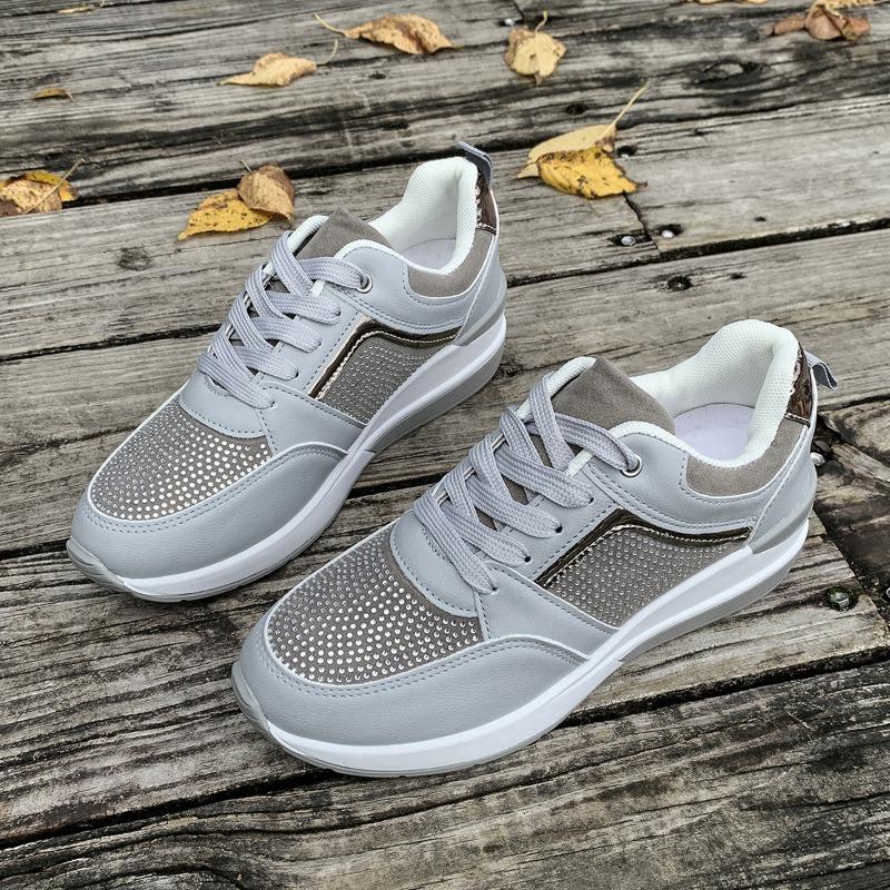 Large size sports women's leisure spring and summer new thick-soled slope heel casual shoes lace-up rhinestone sports trendy shoes