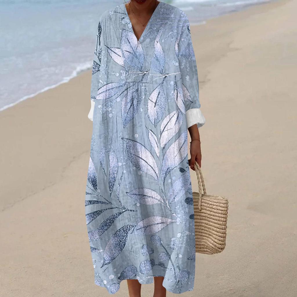 Γυναικείο Casual Μόδα Μακρύ Φόρεμα Μάξι με V Λαιμόκοψη και Μακρύ Μανίκι με Φλοράλ Μοτίβο