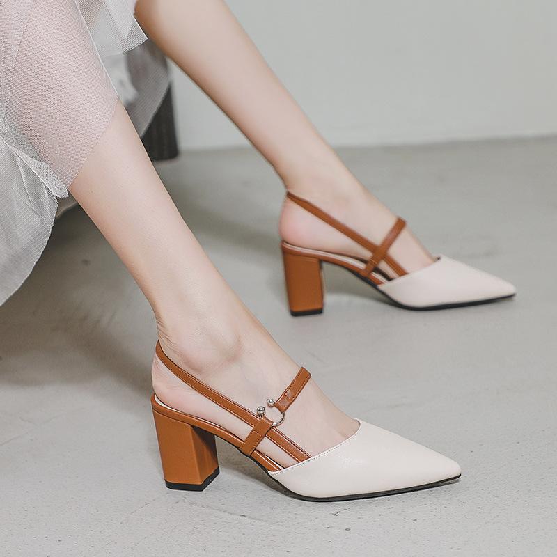 Fashion Korean style pointed toe high heels sandals women mixed color cutout summer leather pumps female chunky heel skirt sandalias