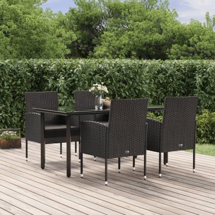 3156774 vidaXL Mobilier à dîner de jardin et coussins 5pcs Noir Résine tressée