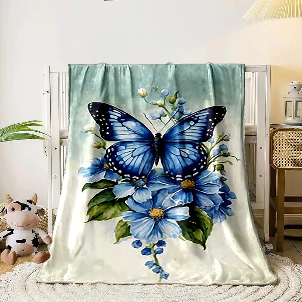 Blue Butterfly on Floral Background Flannel blanket for bedroom living room sofa and nap