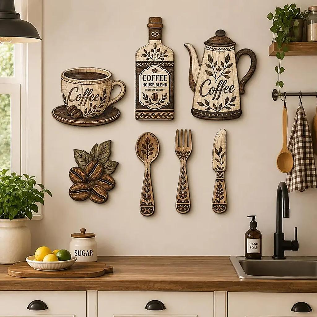 Coffee Themed Kitchen Wall Decor Set of 7 - Retro Wooden Hanging for Home Coffee Bar