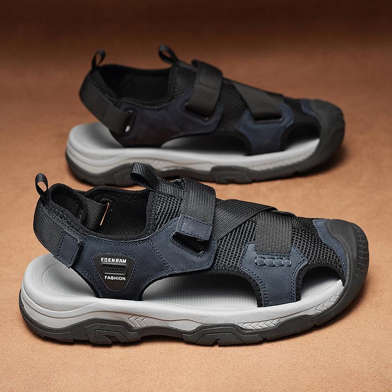 FashionCasual Leather Shoes Anti-collision Toe Summer Footwear Hollow Out Man Sandals New Fashion Beach Flats Outdoor Wading Aqua Shoes