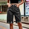 Women's High Waisted Distressed Bermuda Denim Shorts Knee Length Ripped Stretchy Jean Shorts with Pockets Frayed Hem Short Pants