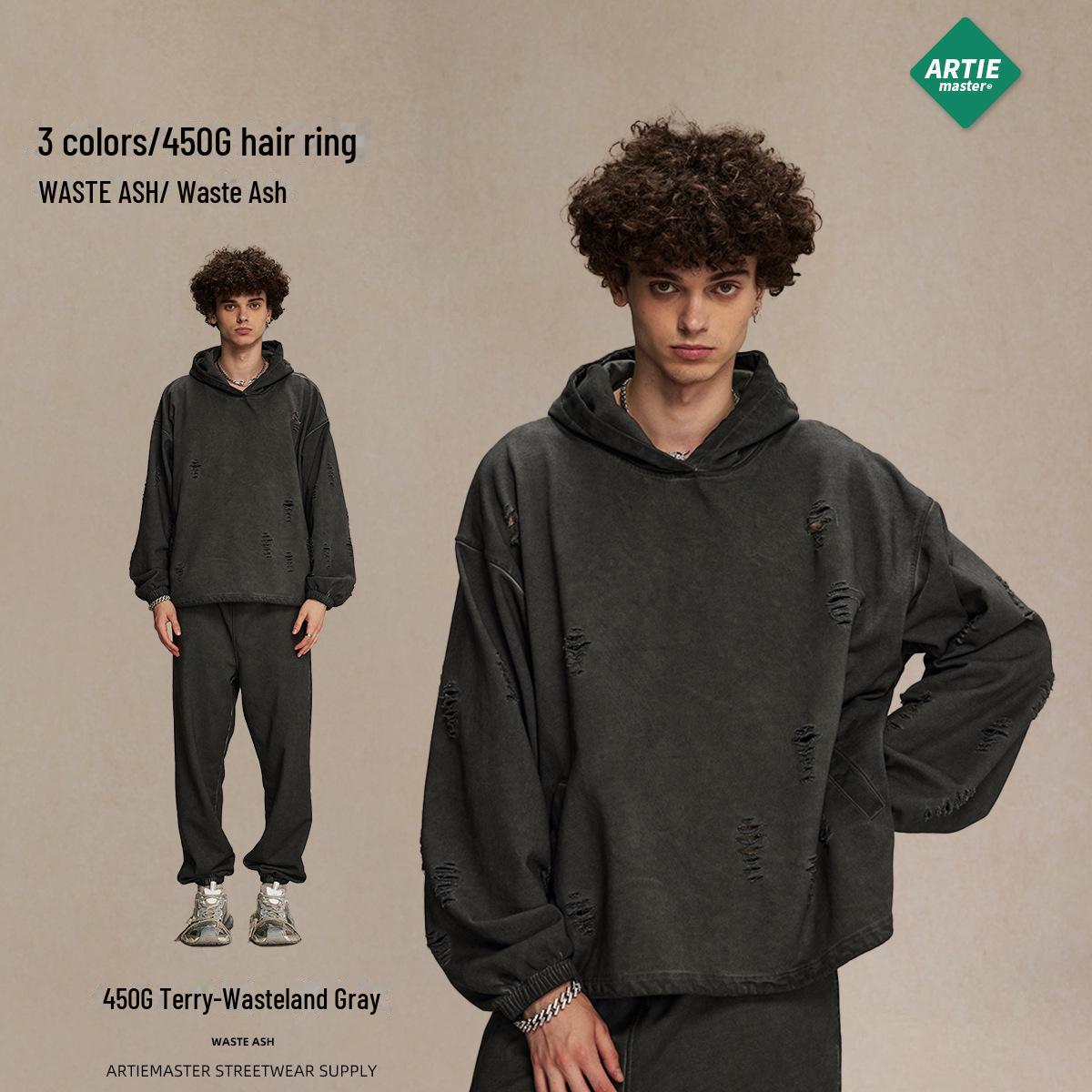 

2024 Мужская толстовка с капюшоном в стиле ретро с эффектом потертости — уличная мода Dirty Dyed для осени/зимы XL