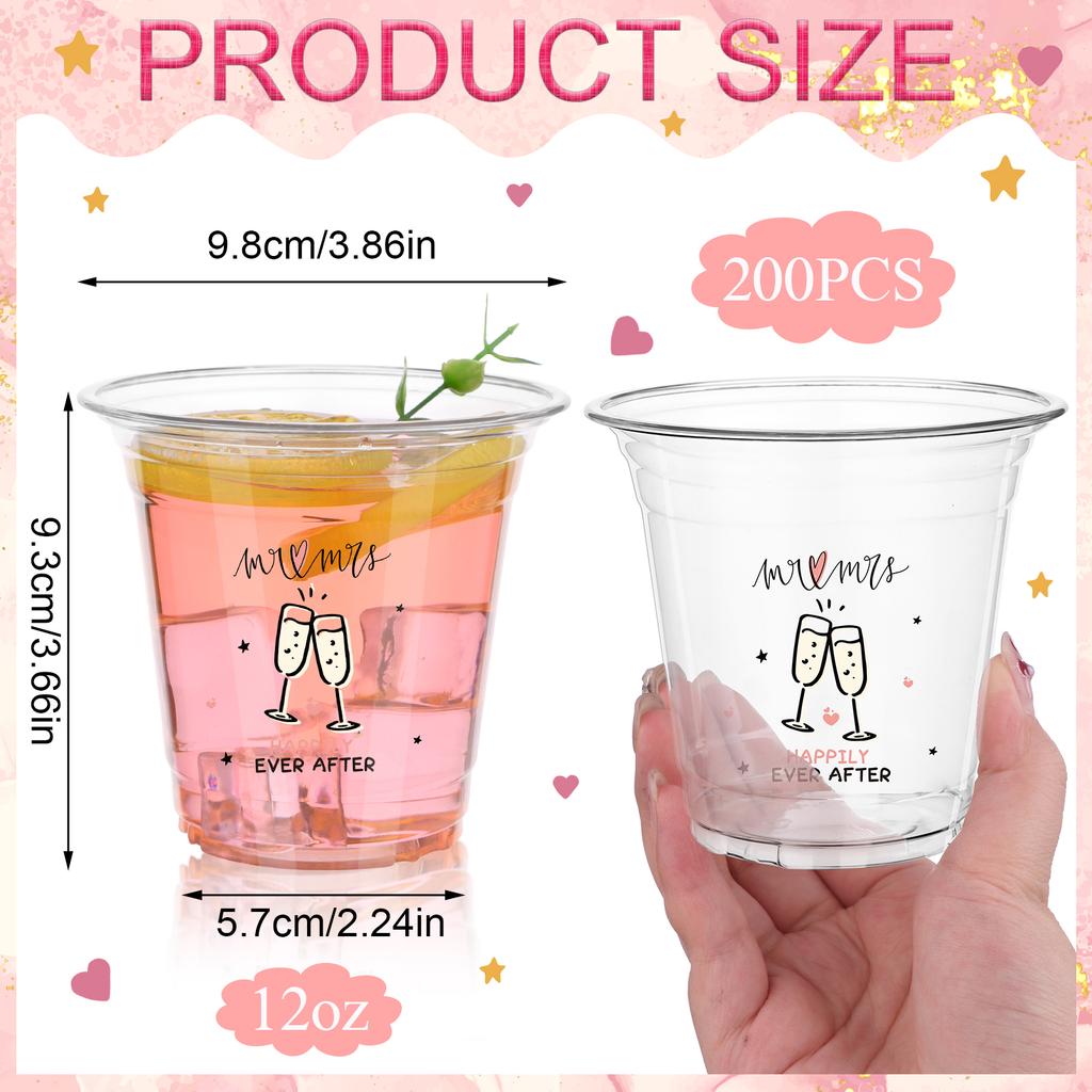 200 Pack Plastic Wedding Cups 12Oz Mr And Mrs Clear Disposable Party Cups