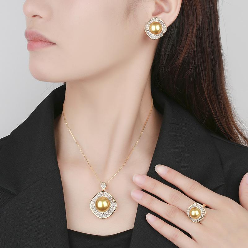 Popular Jewelry Copper Bottom Gold-Plated Inlaid Gold Yellow Pearl Square Set Women 16-12Mm