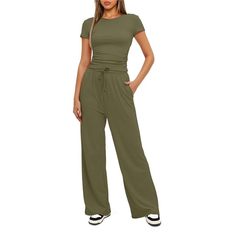 Women's 2 Piece Outfit Short Sleeve T-Shirt Wide Leg Pants Casual Tracksuit