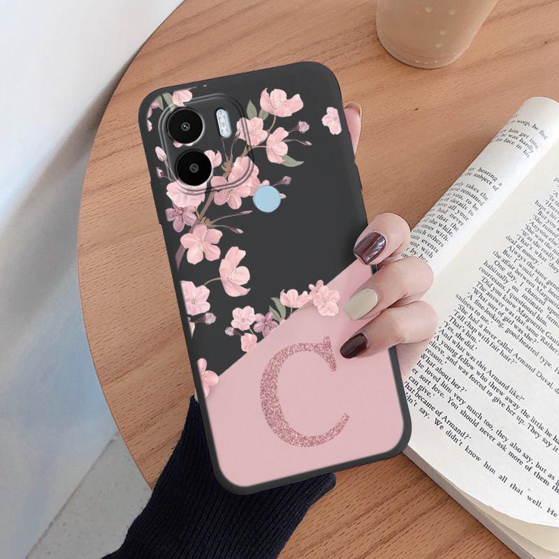 For Redmi A1 A2 Plus 4G Phone Case Pink Flowers Initial Letter A To Z Silicone Soft Back Cover For Redmi A1+ A2+ Alphabet Coque