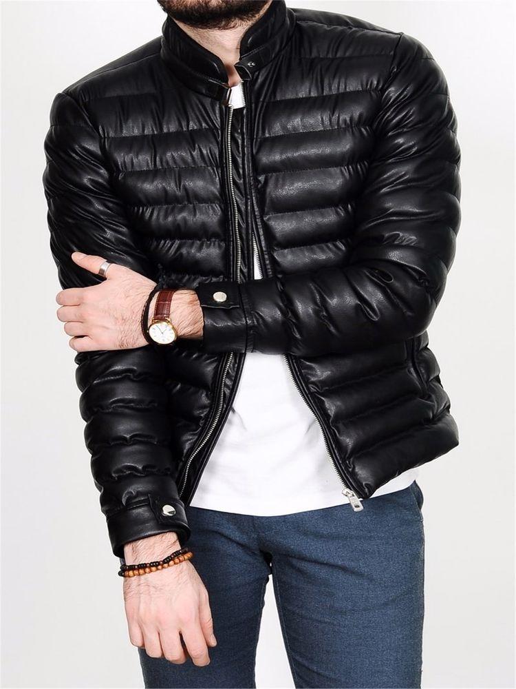 Erkek Siyah Slim Fit İçi Kürklü Su Geçirmez Şişme Deri Ceket & Mont