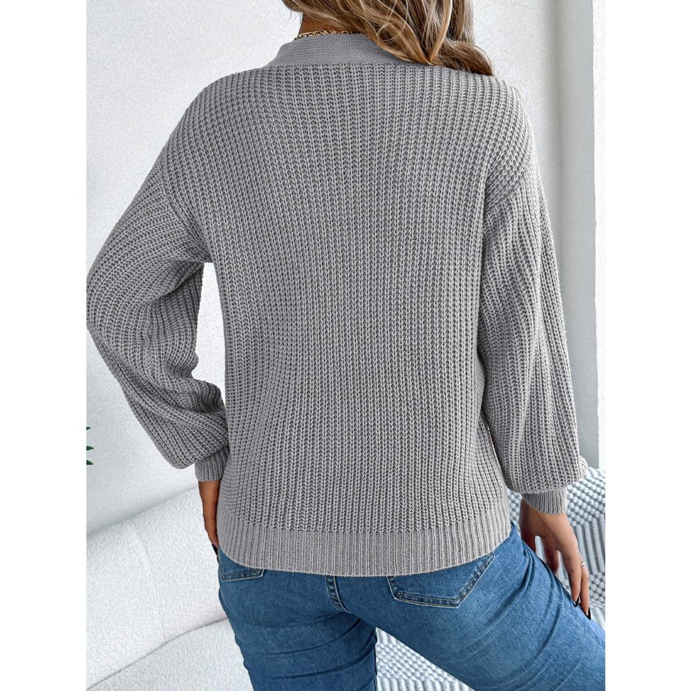 Women's Autumn/Winter Sweatshirt - Casual Openwork V-Neck with Twisted Lantern Sleeves - New Arrival Knitted Jumper