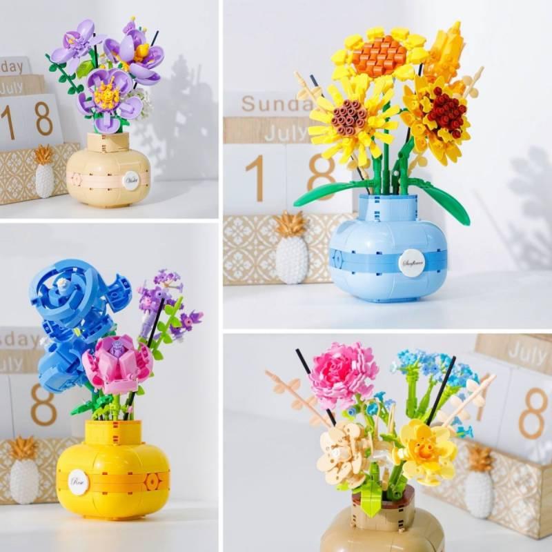 Mini Sunflower Rose Block Flower Bouquet In Vase Puzzle Toy Birthday Gift For Girls