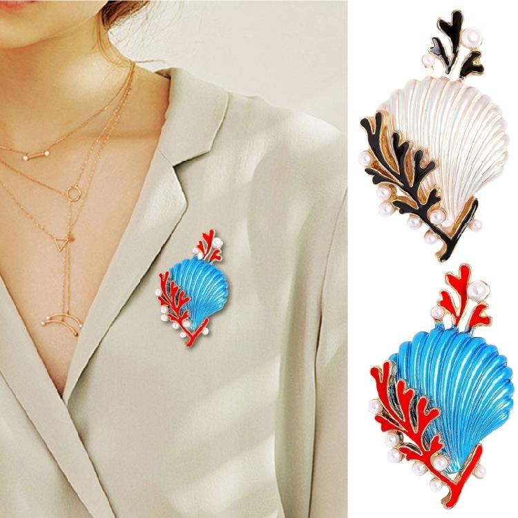 Vintage Style Shell Coral Brooch Pearls Accent Enamel Detailing Alloy Statement Jewelry Handmade Gift For Her